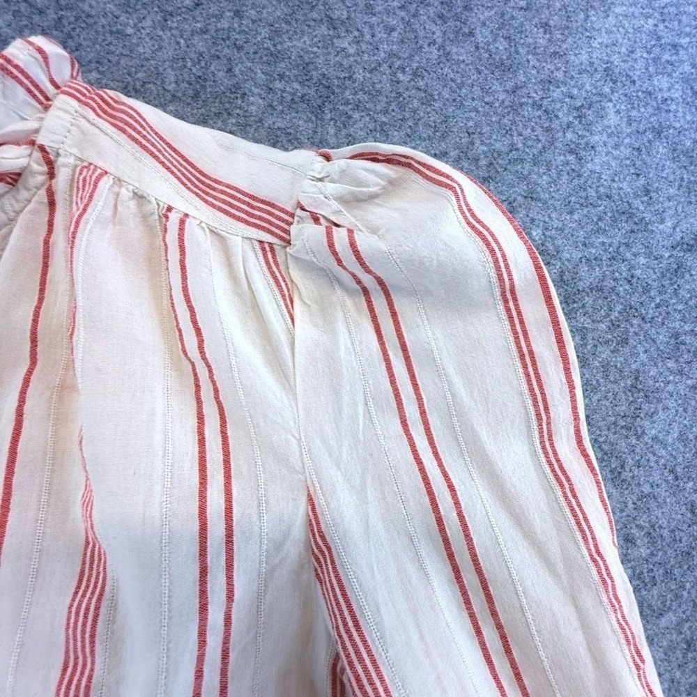 LOFT Red Ivory Striped Cotton Ruffle Tie Neck Puff Sleeve Blouse Peasant Small - Picture 4 of 8
